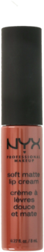NYX Professional Makeup Soft Matte Lip Cream, beżowo-brązowa butelka z czarną nakrętką, pionowy widok z przodu.