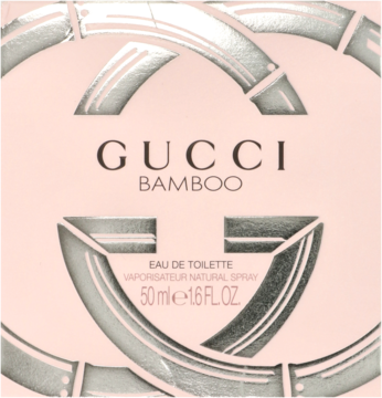Różowe opakowanie Gucci Bamboo Eau de Toilette 50ml, z metalicznym logo GG, widok z przodu.