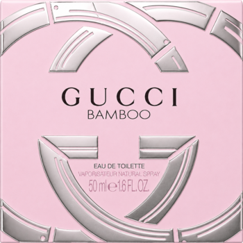Różowe pudełko Gucci Bamboo EDT 50ml z metalicznym logo GG, widok z przodu. Elegancki, zmysłowy zapach.