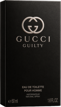 Gucci Guilty Pour Homme EDT, czarne matowe pudełko 50ml z srebrnym logo GG, widok z przodu, lekko pod kątem.