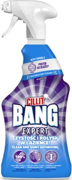 Cillit Bang Expert, fioletowo-niebieska butelka ze spryskiwaczem, widok z przodu, napis 'CLEAN AND SHINY BATHROOM'.