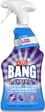 Cillit Bang Expert, fioletowo-niebieska butelka ze spryskiwaczem, widok z przodu, napis 'CLEAN AND SHINY BATHROOM'.