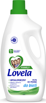 Biała butelka Lovela Family, hipoalergiczny płyn do prania bieli dla całej rodziny, od 1 roku życia.