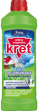 Zielona butelka Kret Bio Żel do udrożniania rur w łazience i kuchni, z czerwoną nakrętką, widok przodem.