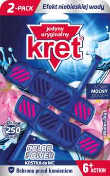 Niebieskie opakowanie Kret Color Power kostka do WC, 2-pak, z efektem niebieskiej wody, zapach Water Lily.
