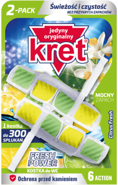 Kret Fresh Power 2-PACK, kostki WC Citrus Fresh, zielono-żółte bloki w przezroczystym opakowaniu, widok z przodu.