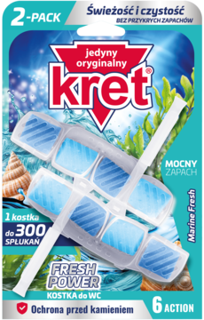 Kret Fresh Power Marine Fresh kostka do WC, opakowanie 2-pack. Dwie niebieskie kostki widoczne przez folię, widok z przodu.