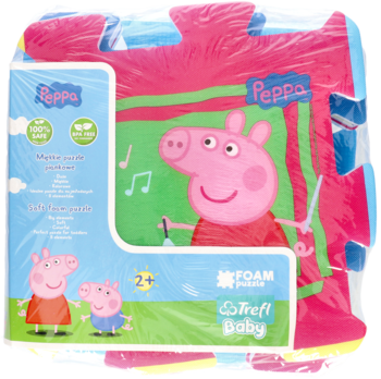 Układanka puzzlopianka Peppa Pig Trefl w przezroczystym opakowaniu, z Peppą na zielonym tle, różowe puzzle.