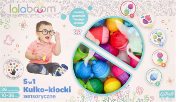 Opakowanie Trefl Lalaboom Kulko-klocki sensoryczne 5w1; dziecko i kolorowe, rozłączane elementy, widok z przodu.