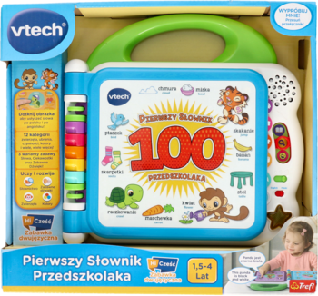 Vtech Pierwszy Słownik Przedszkolaka, niebiesko-biała zabawka dwujęzyczna w kartonowym pudełku, widok z przodu.