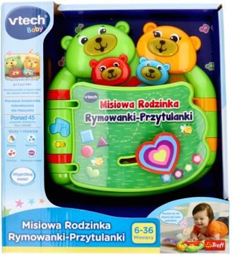 VTech Baby Misiowa Rodzinka, zielona interaktywna książeczka z misiami w otwartym opakowaniu.