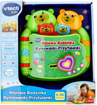 VTech Baby Misiowa Rodzinka, zielona interaktywna książeczka z misiami w otwartym opakowaniu.