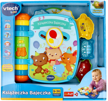 VTech Książeczka Bajeczka, edukacyjna książeczka dla dzieci, w niebiesko-pomarańczowym pudełku, widok z przodu.