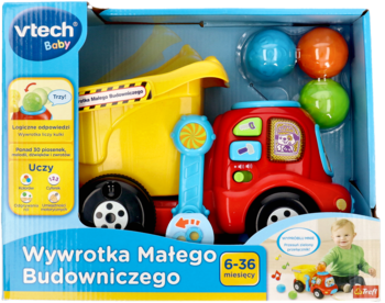 Vtech Baby wywrotka małego budowniczego w pudełku. Żółta ciężarówka z czerwoną kabiną, kulki, uchwyt.