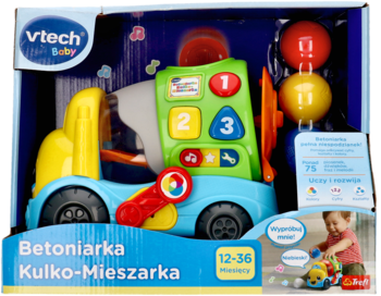 Zabawka VTech Betoniarka Kulko-Mieszarka w pudełku, z żółto-niebieskim pojazdem i kulkami, widok z przodu opakowania.