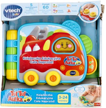 Vtech Książeczka Edukacyjna Cała Naprzód!, czerwony wóz strażacki, w kartonowym opakowaniu, widok z przodu.