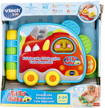 Vtech Książeczka Edukacyjna Cała Naprzód!, czerwony wóz strażacki, w kartonowym opakowaniu, widok z przodu.