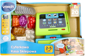 Interaktywna kasa sklepowa Trefl, zielona, z zabawkami spożywczymi, widoczna w otwartym opakowaniu.