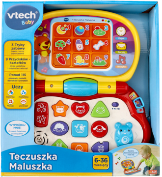VTech Baby Teczuszka Maluszka, interaktywny laptop dla maluchów w niebieskim pudełku, widok z przodu.
