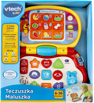 VTech Baby Teczuszka Maluszka, interaktywny laptop dla maluchów w niebieskim pudełku, widok z przodu.