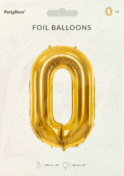 Złoty balon foliowy w kształcie cyfry 0, widoczny przez foliowe opakowanie PartyDeco, widok z przodu.