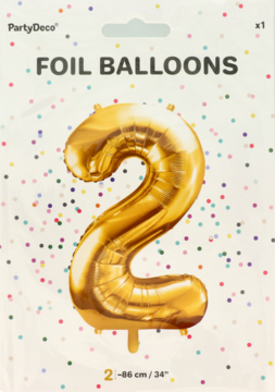 Złoty balon foliowy cyfra 2, widoczny w opakowaniu PartyDeco z konfetti w tle, błyszczące wykończenie.