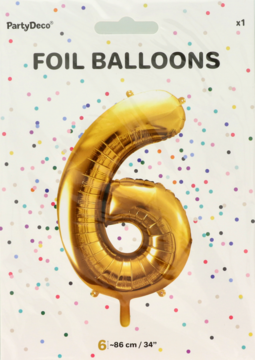 Balon foliowy złoty cyfra 6, 86 cm, w opakowaniu PartyDeco. Białe tło z konfetti. Widok z przodu produktu.