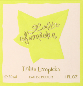 Lolita Lempicka woda perfumowana, kremowe pudełko. Duża żółta gwiazda z złotym logo, napisy 30ml Eau de Parfum.