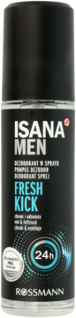Isana Men Fresh Kick dezodorant w sprayu 24h, czarno-przezroczysta butelka z turkusowym napisem, widok z przodu.