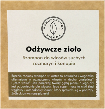 Odżywcze zioło szampon w kostce do włosów suchych rozmaryn i konopie, biała etykieta na kartonie.