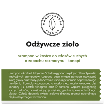 Szampon w kostce Odżywcze Zioło, biało-zielona etykieta, opis: włosy suche, zapach rozmarynu i konopi.