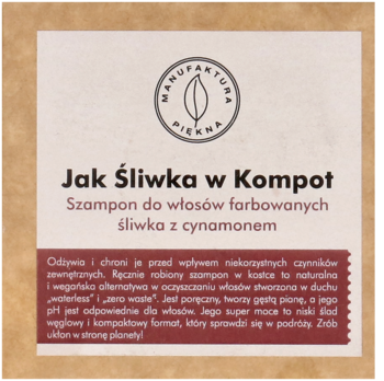 Etykieta szamponu w kostce Jak Śliwka w Kompot: śliwka z cynamonem, dla włosów farbowanych, na brązowym tle.