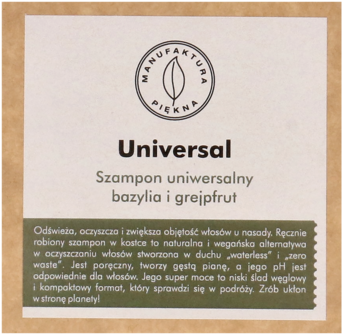 Uniwersalny szampon w kostce bazyliowo-grejpfrutowy, etykieta na papierowym tle, widok z przodu.
