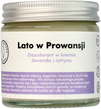 Dezodorant w kremie Lato w Prowansji lawenda i cytryna w beżowym słoiczku z srebrną zakrętką.