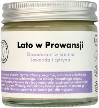 Dezodorant w kremie Lato w Prowansji lawenda i cytryna w beżowym słoiczku z srebrną zakrętką.