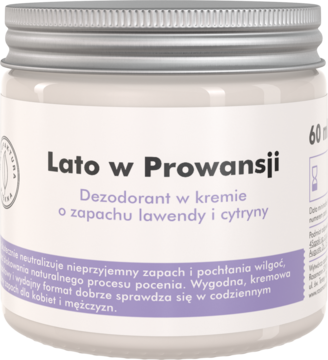 Kremowy dezodorant Lato w Prowansji, biały słoik z metalową zakrętką, widok z przodu, zapach lawendy i cytryny.