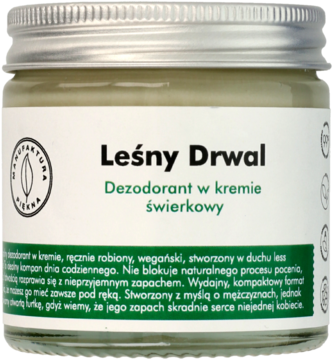 Leśny Drwal, naturalny dezodorant świerkowy w kremie, szklany słoik z metalową nakrętką, widok z przodu.