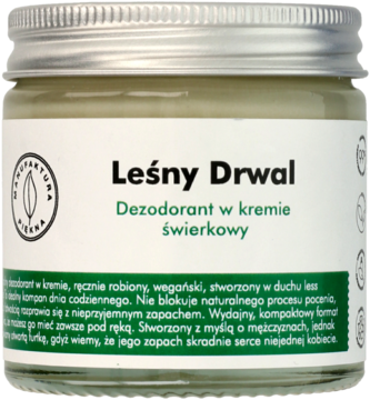 Leśny Drwal, naturalny dezodorant świerkowy w kremie, szklany słoik z metalową nakrętką, widok z przodu.