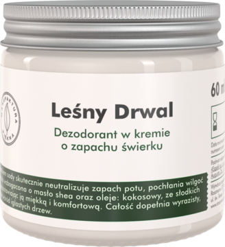 Dezodorant w kremie Leśny Drwal o zapachu świerku w białym słoiczku z metalową nakrętką, widok z przodu.