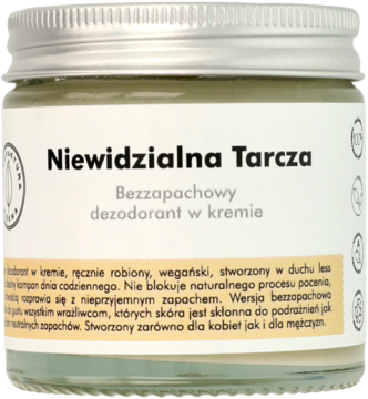 Niewidzialna Tarcza bezzapachowy dezodorant w kremie w szklanym słoiczku z metalową nakrętką, widok z przodu.