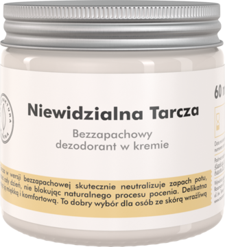 Niewidzialna Tarcza, bezzapachowy dezodorant w kremie, w beżowym słoiczku ze srebrną nakrętką, widok z przodu.