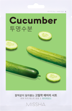 Missha Cucumber nawilżająca maseczka w płachcie, białe opakowanie z ogórkami na zielonym tle, widok z przodu.