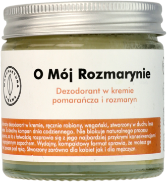 O Mój Rozmarynie, kremowy dezodorant pomarańcza i rozmaryn w zielonkawym szklanym słoiku, widok z przodu.
