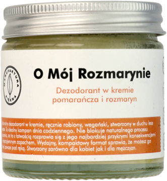 O Mój Rozmarynie, kremowy dezodorant pomarańcza i rozmaryn w zielonkawym szklanym słoiku, widok z przodu.