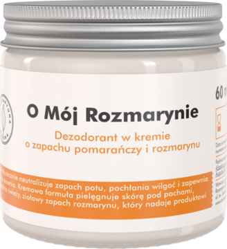 Kremowy dezodorant O Mój Rozmarynie, zapach pomarańczy i rozmarynu, biały słoiczek z srebrną nakrętką, z przodu.