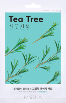 Missha Tea Tree maska w płachcie, biała saszetka z turkusowym tłem i gałązkami herbaty. Widok z przodu, kojąca.