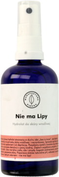 Niebieska butelka spray Nie ma Lipy Hydrolat do skóry wrażliwej z białym rozpylaczem, widok z przodu.