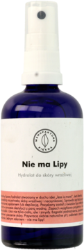 Niebieska butelka spray Nie ma Lipy Hydrolat do skóry wrażliwej z białym rozpylaczem, widok z przodu.