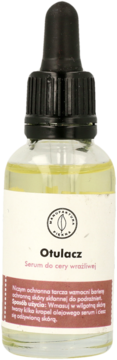Otulacz serum do cery wrażliwej w szklanej butelce z czarnym zakraplaczem, widok z przodu.