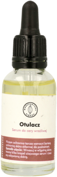 Otulacz serum do cery wrażliwej w szklanej butelce z czarnym zakraplaczem, widok z przodu.